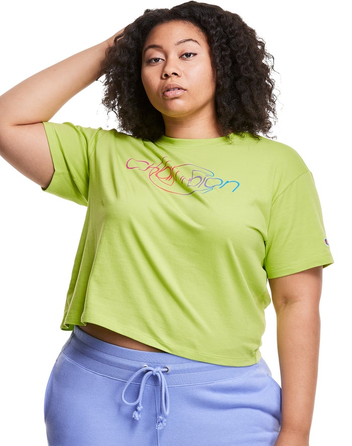 Champion T-Shirt Dames - Groen - Plus Lightweight Cropped Rainbow Logo ( 549602-MEZ )